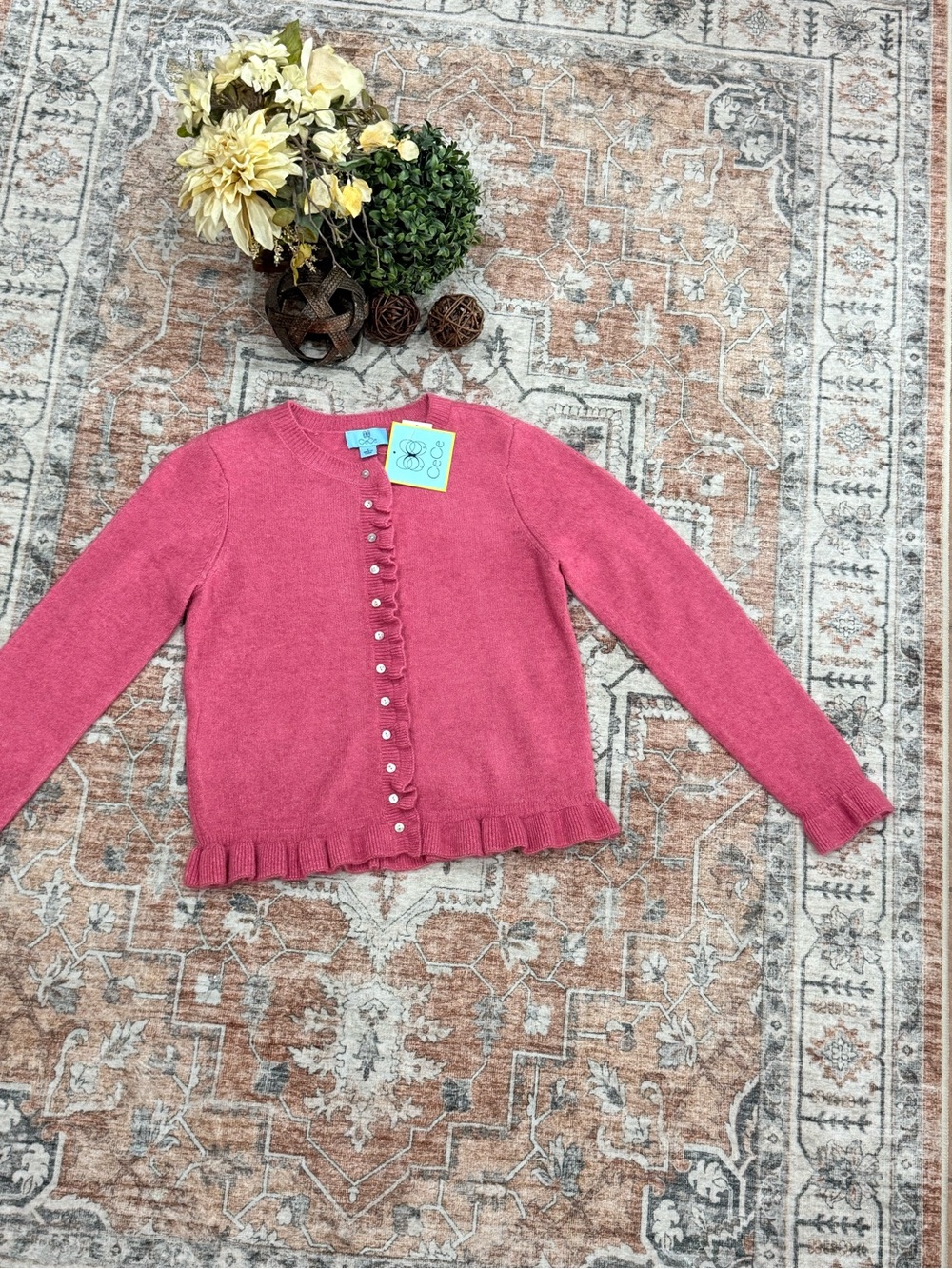 Women's Rose-Pink Ruffle-Trim Button-Front Cardigan